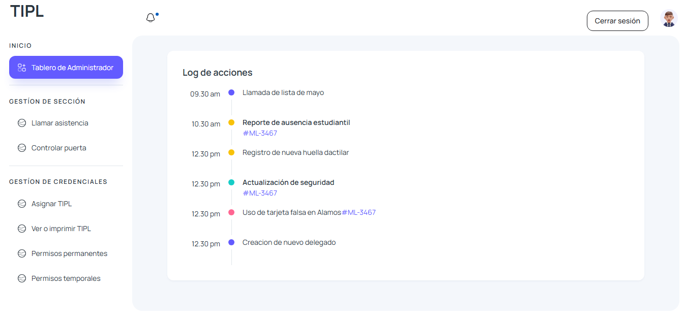 Tablero de administrador con log de acciones auditadas en tiempo real