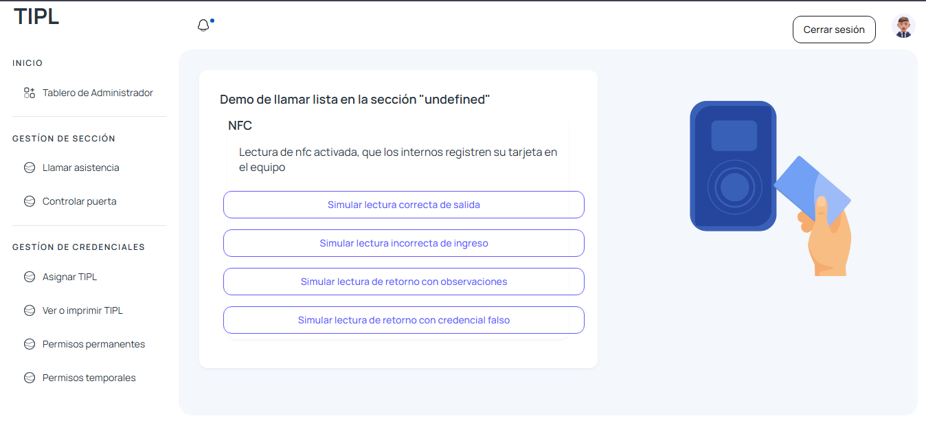 Pantalla de llamada de lista con validación por lectura NFC